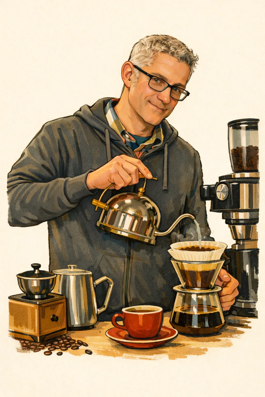 Illustrated portrait of Mark making coffee