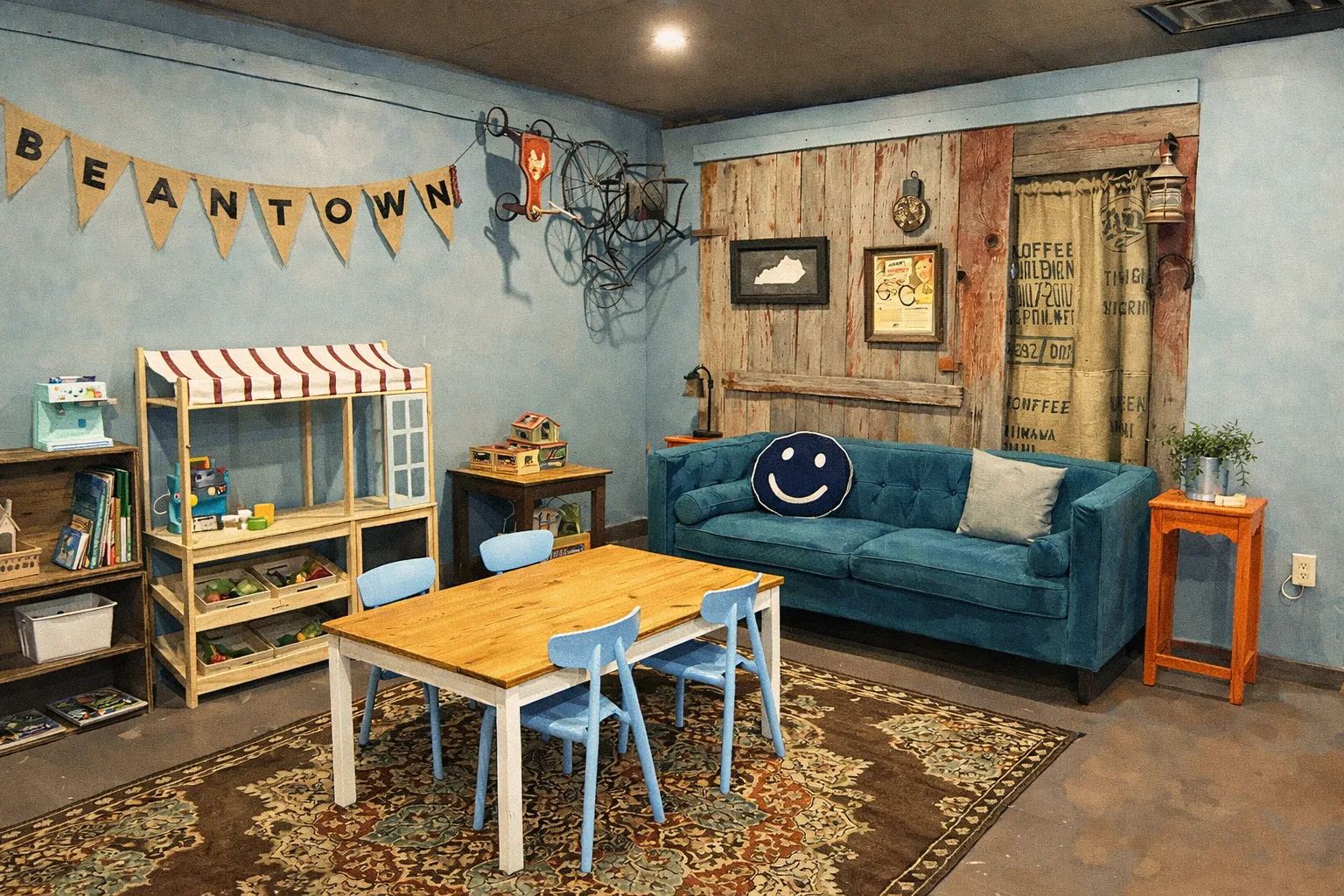 Illustrated kids area with books and play space inside Velocity